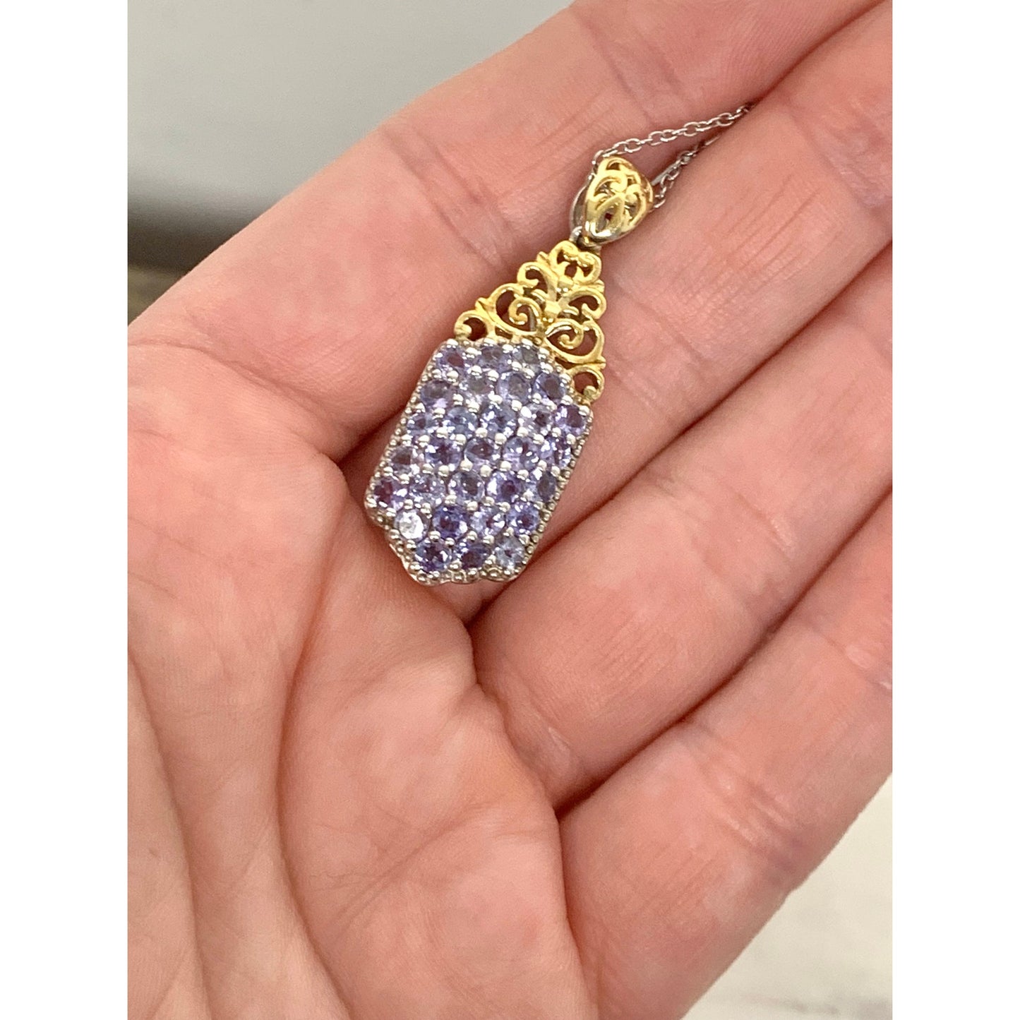 Sterling Silver Tanzanite Pendant Necklace with Gold Filigree Accent, STS 925