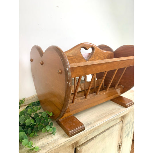 Vintage Wood Magazine Rack Heart Cutout Newspaper Holder Rustic Country Cottagecore
