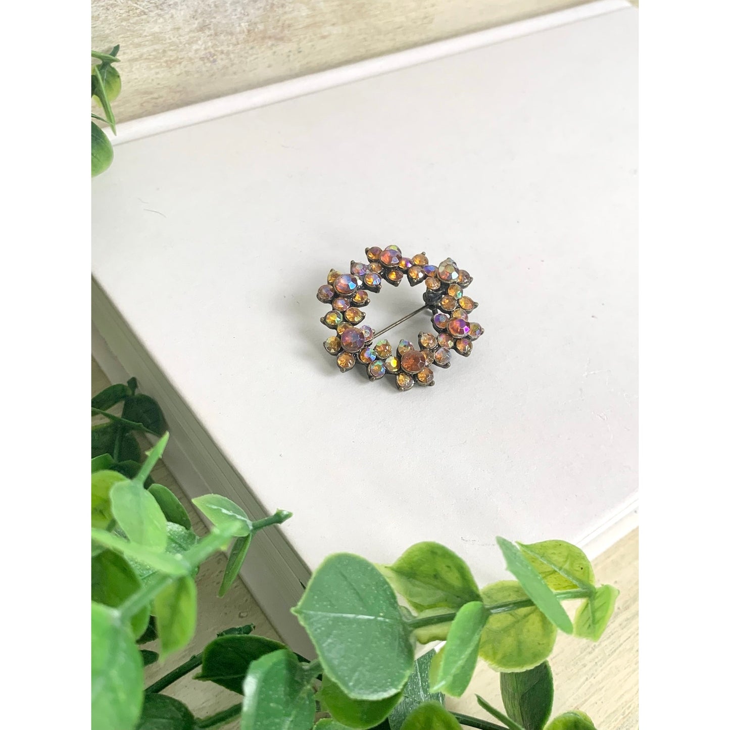Vintage Aurora Borealis Rhinestone Wreath Brooch Statement Pin Mid Century Glam