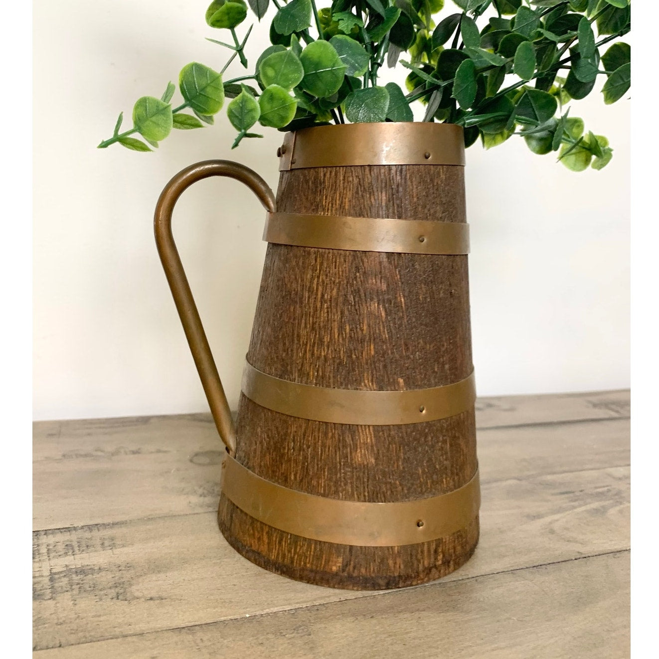 Antique Staved Wood Pitcher Copper Bands Handle Rustic Jug Vase Farmhouse