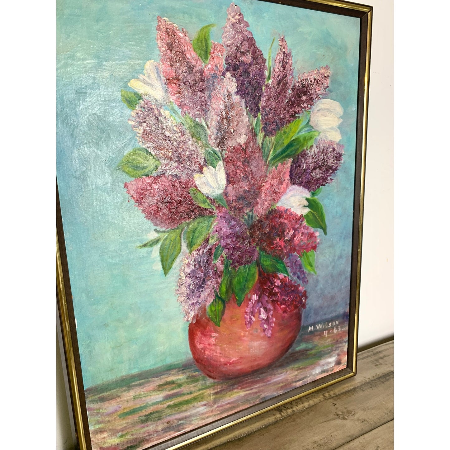 1963 Oil Painting Lilacs in Red Vase by M. Wilson Vintage Floral Still Life