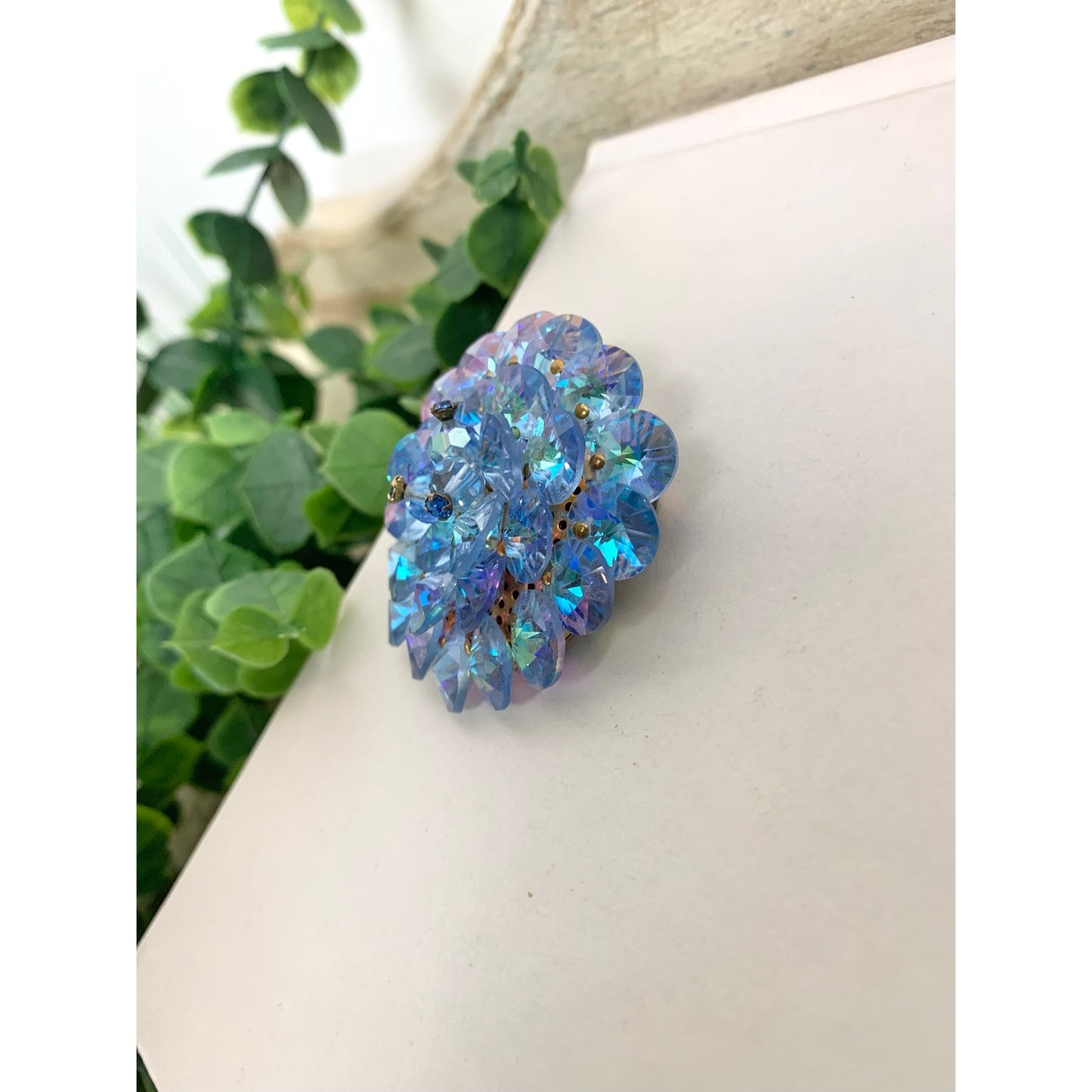 Vintage Aurora Borealis Rhinestone Brooch Blue AB Crystal Statement Pin