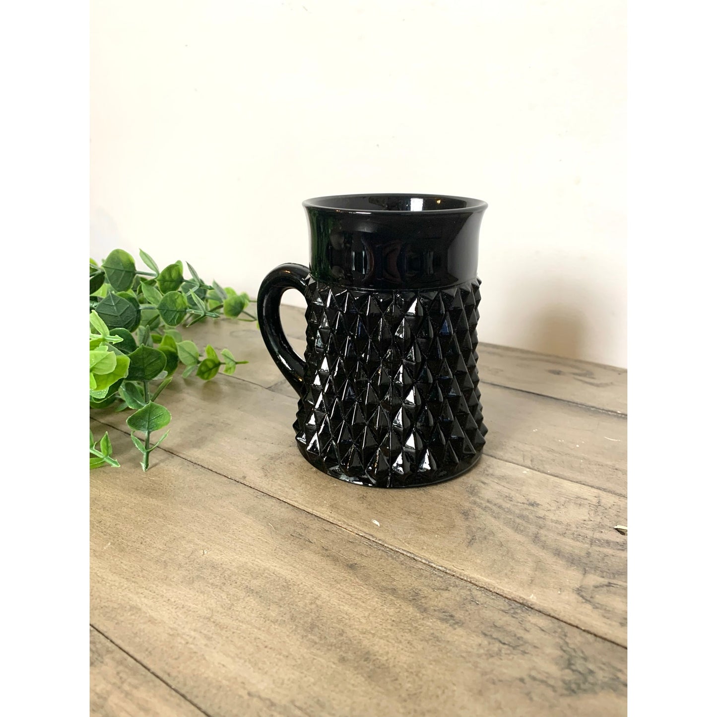 Vintage Indiana Glass Tiara Black Glass Mug with Diamond Point Mid Century Modern Coffee Cup Retro