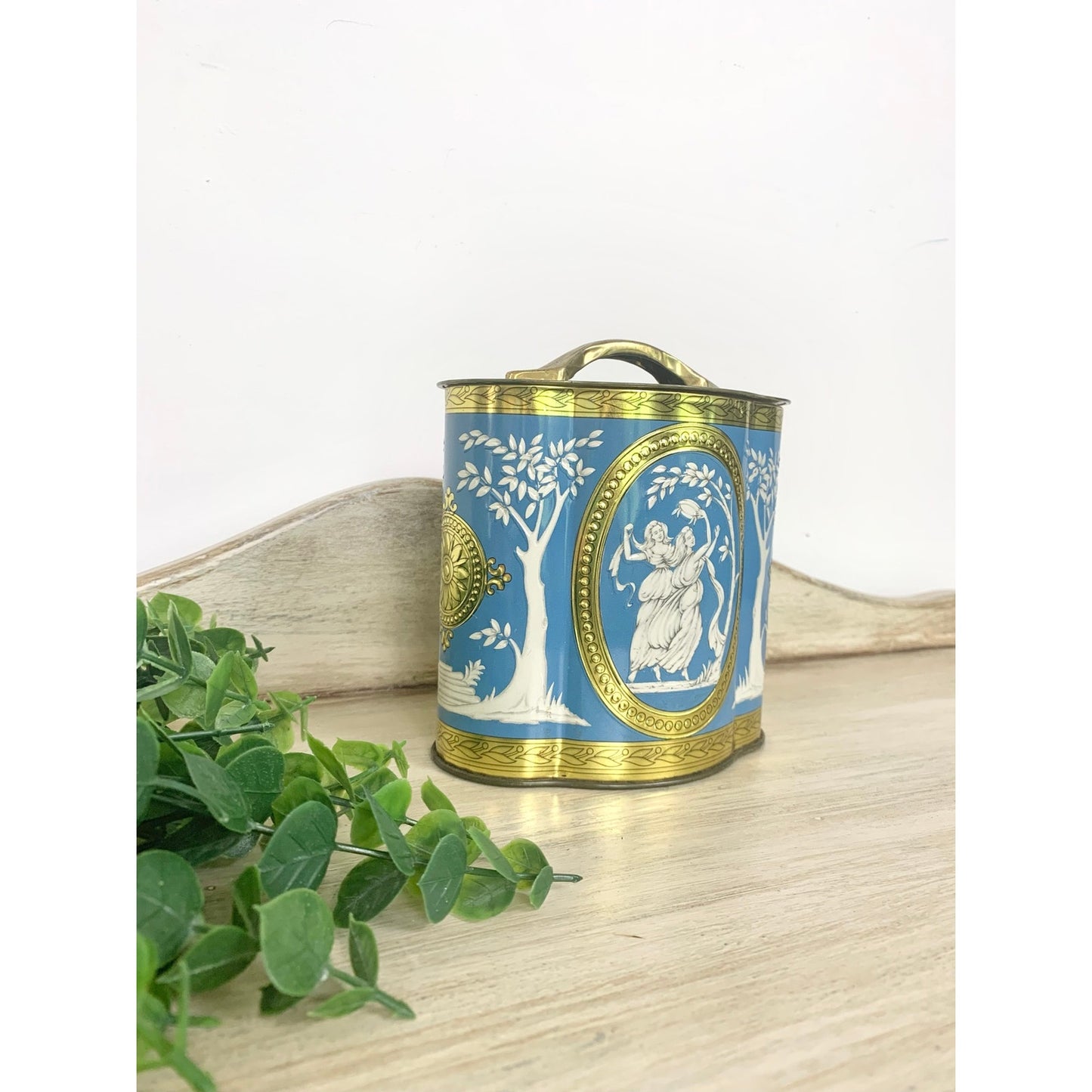 Vintage Tin Canister Murray Allen Grecian Figural Blue Gold Made in England Victorian Style