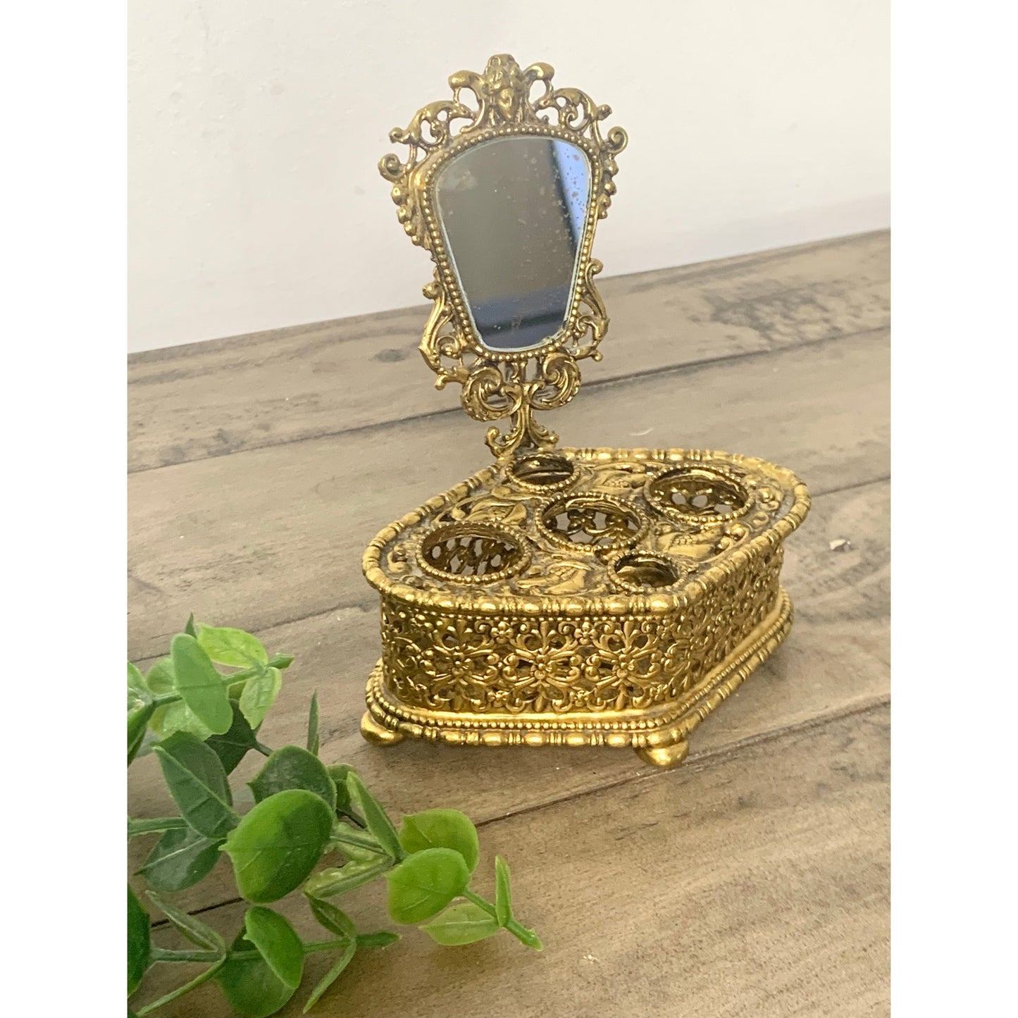 Vintage Ornate Gold Filigree Lipstick Holder Vanity Mirror Footed Hollywood Regency