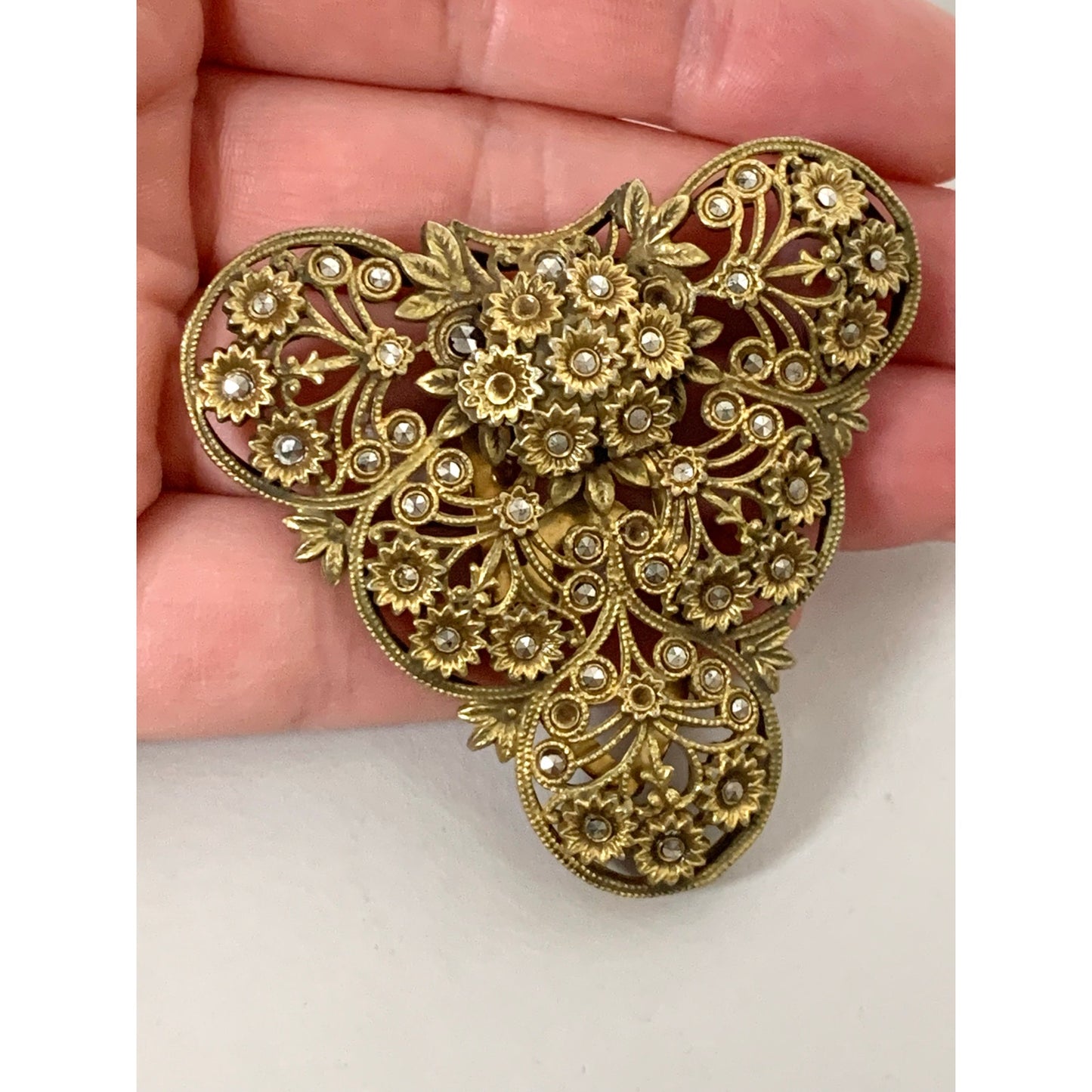 Antique 1920s Goldtone Filigree Dress Clip Marcasite Floral Art Deco Jewelry Scarf Clip