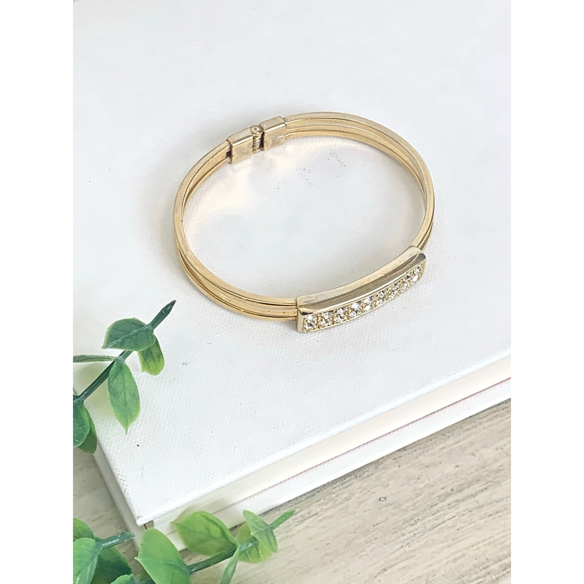 Vintage Goldtone Rhinestone Bangle Bracelet Pave Statement Jewelry Classic Glam