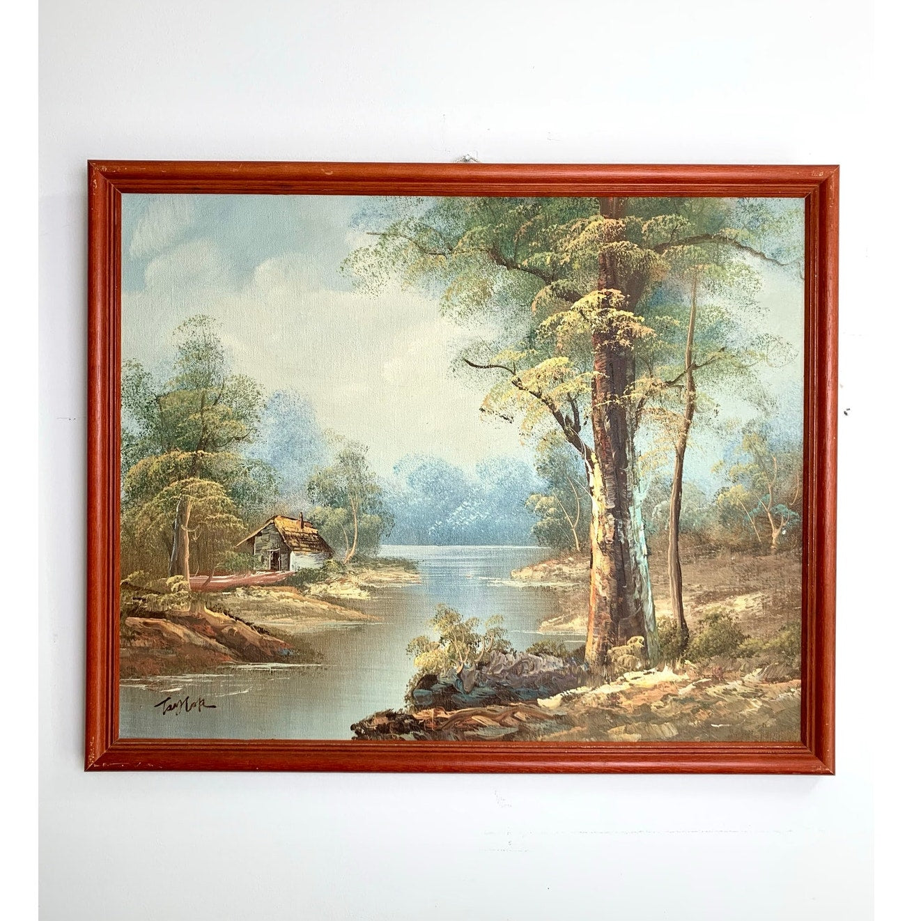 Vintage Riverside Landscape Oil Painting by Taylor Signed Framed Nature Scene