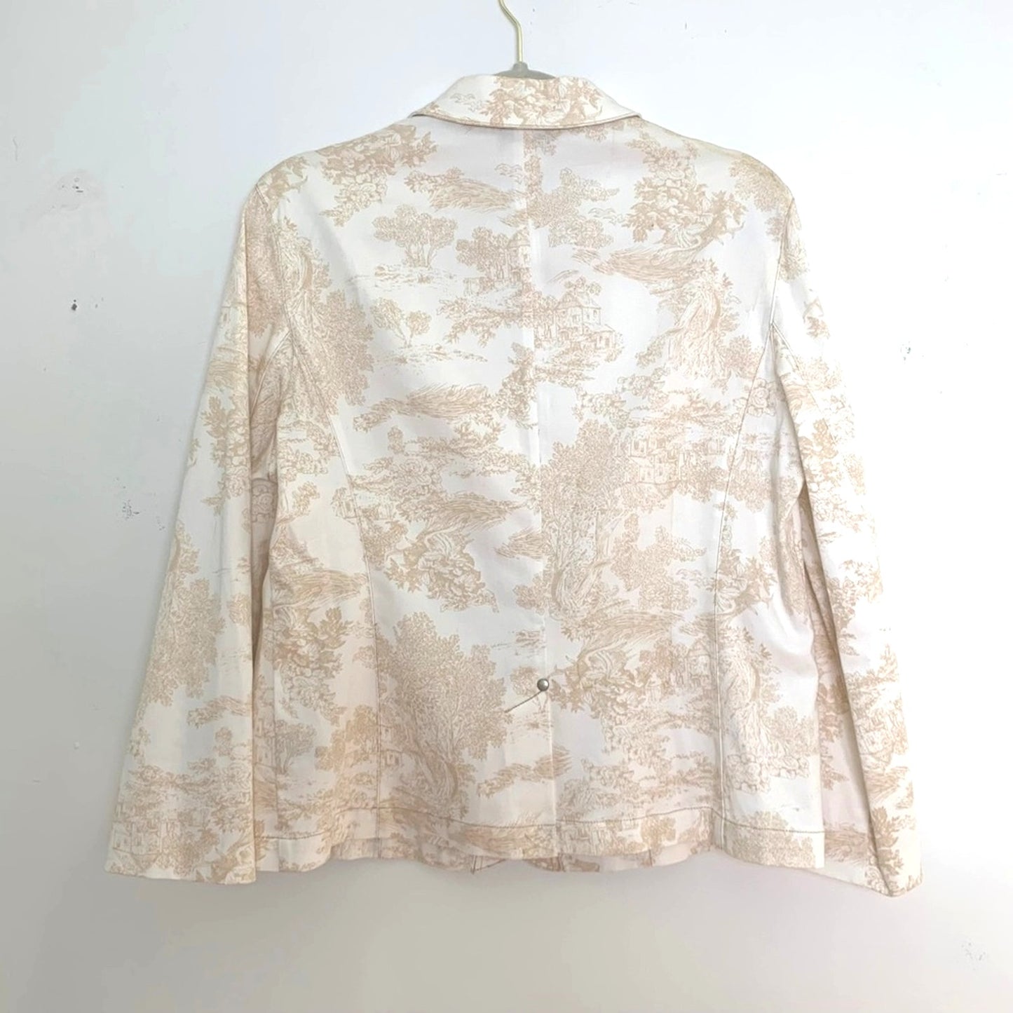 Evan Picone Toile Print Blazer White Beige Stretch Denim Jacket Structured Size 10