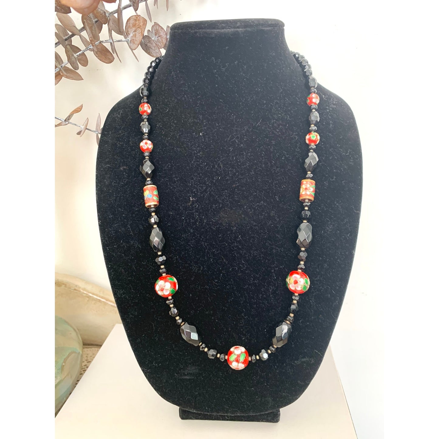 Vintage Cloisonne Beaded Necklace Black Faceted Glass Floral Red Enamel Statement