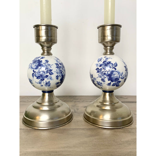 Vintage Blue & White Floral Porcelain and Pewter Candlestick Holders Set of 2