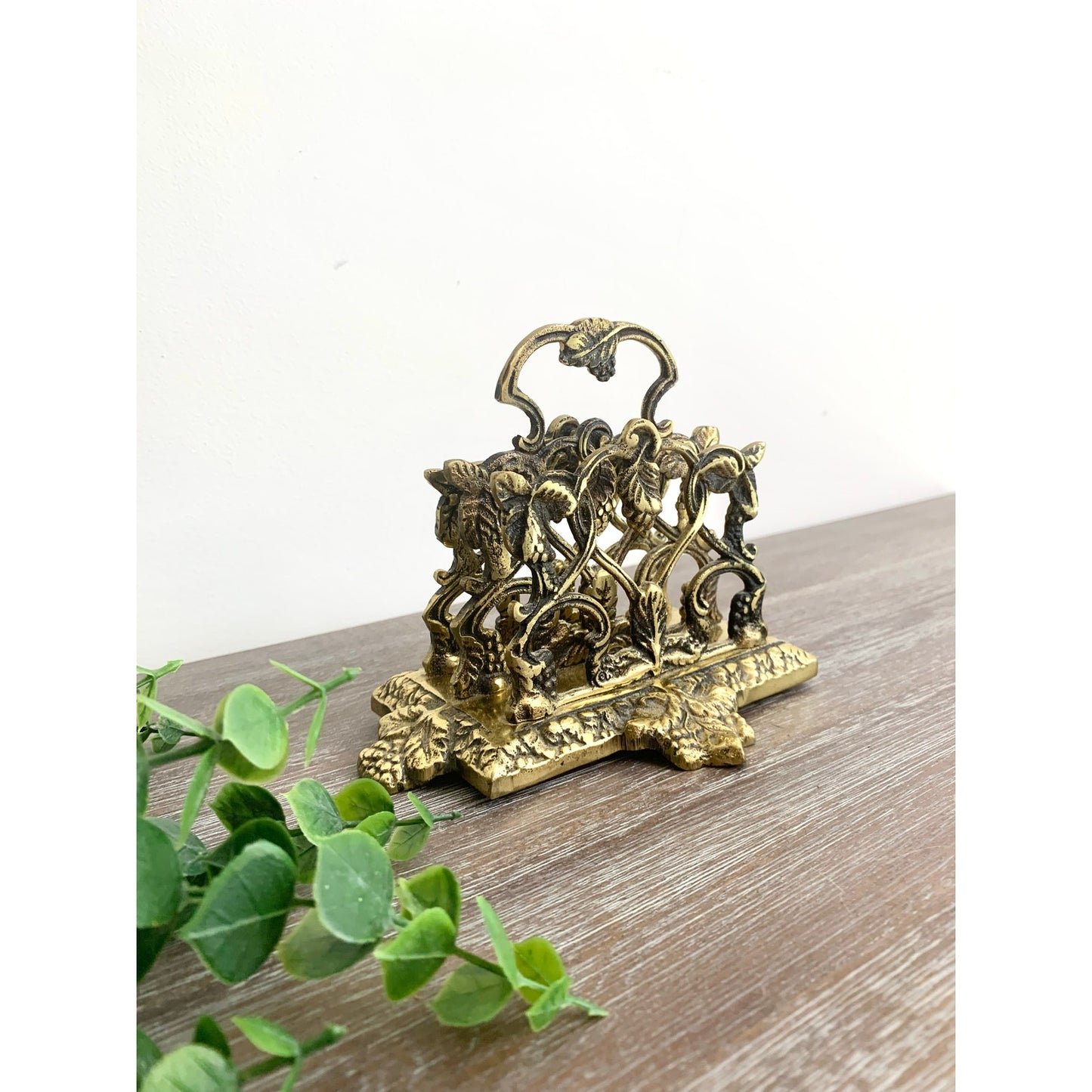 Antique Brass Mail Holder Made in England Napkin Letter Vintage Ornate Organizer