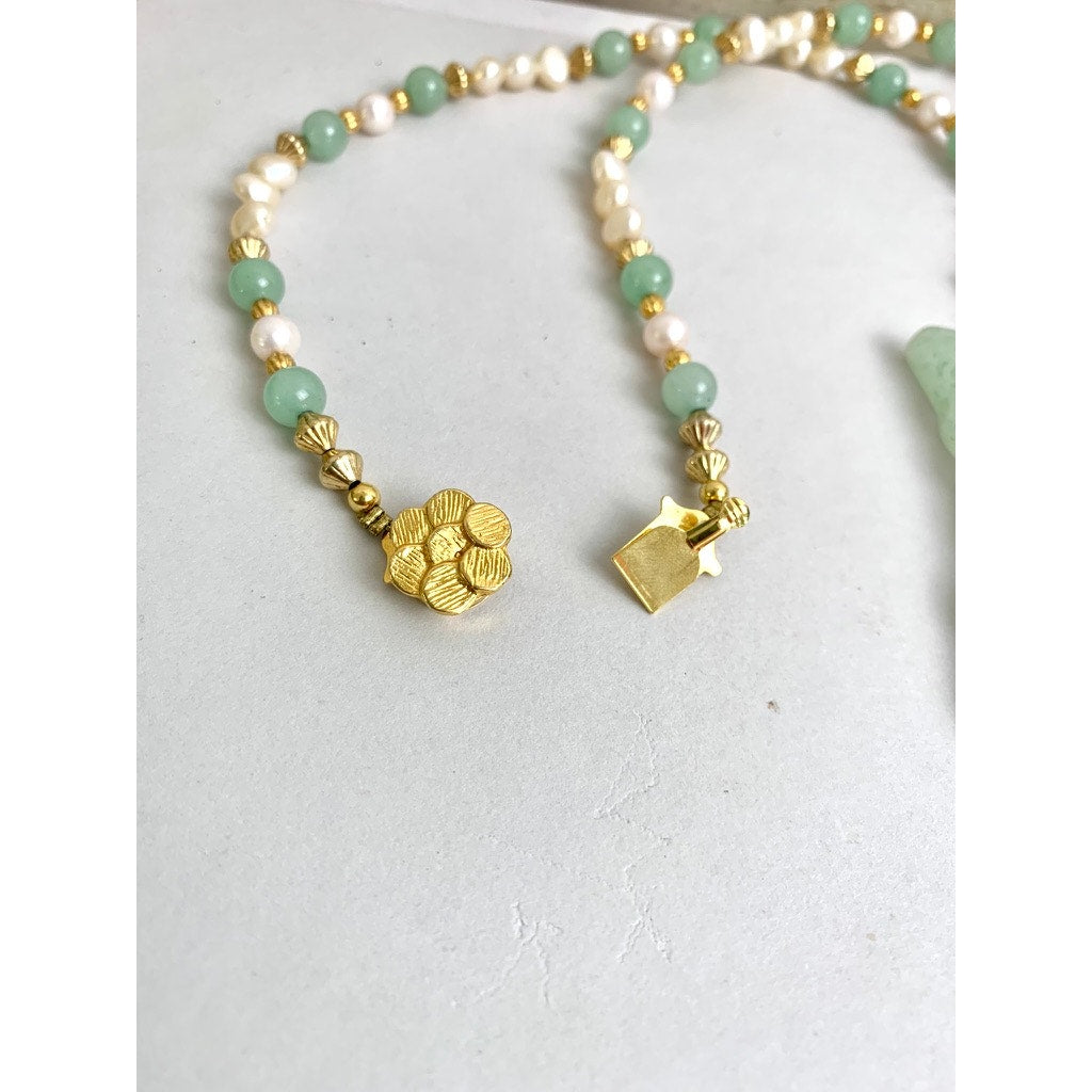 Vintage Jade Butterfly Pendant Necklace Pearl Beaded Green Stone Statement