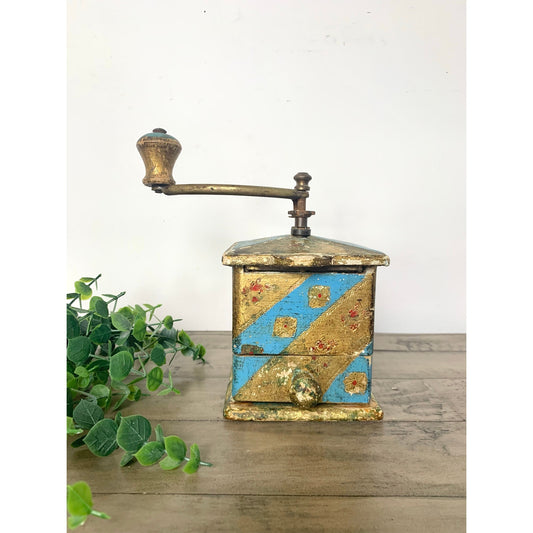 Vintage Italian Florentine Coffee Grinder Blue Gold Gilt Hand-Crank Mill, Jewelry/Spice Box