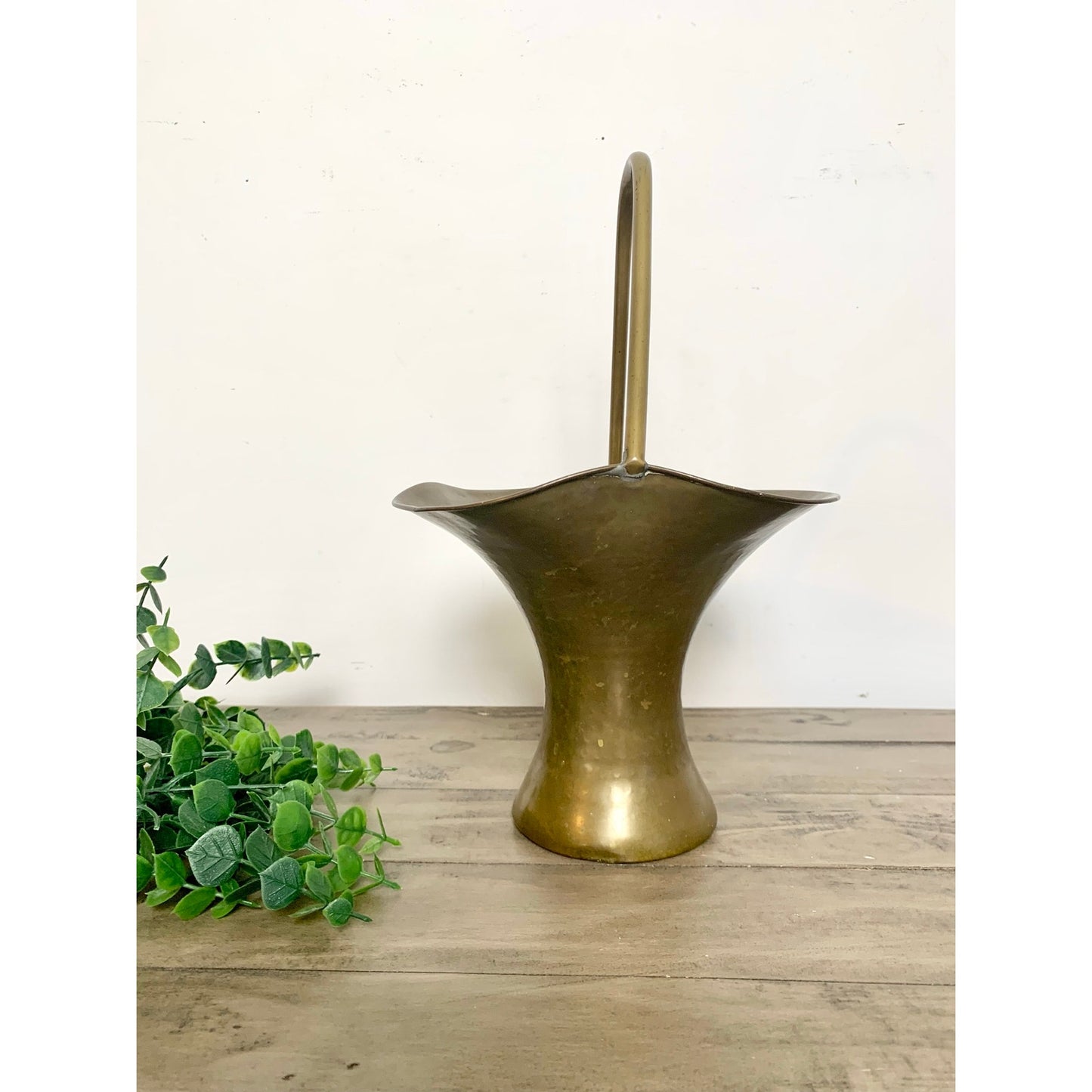 Vintage Hammered Brass Basket Vase Planter Mid Century Patina Brass Vessel