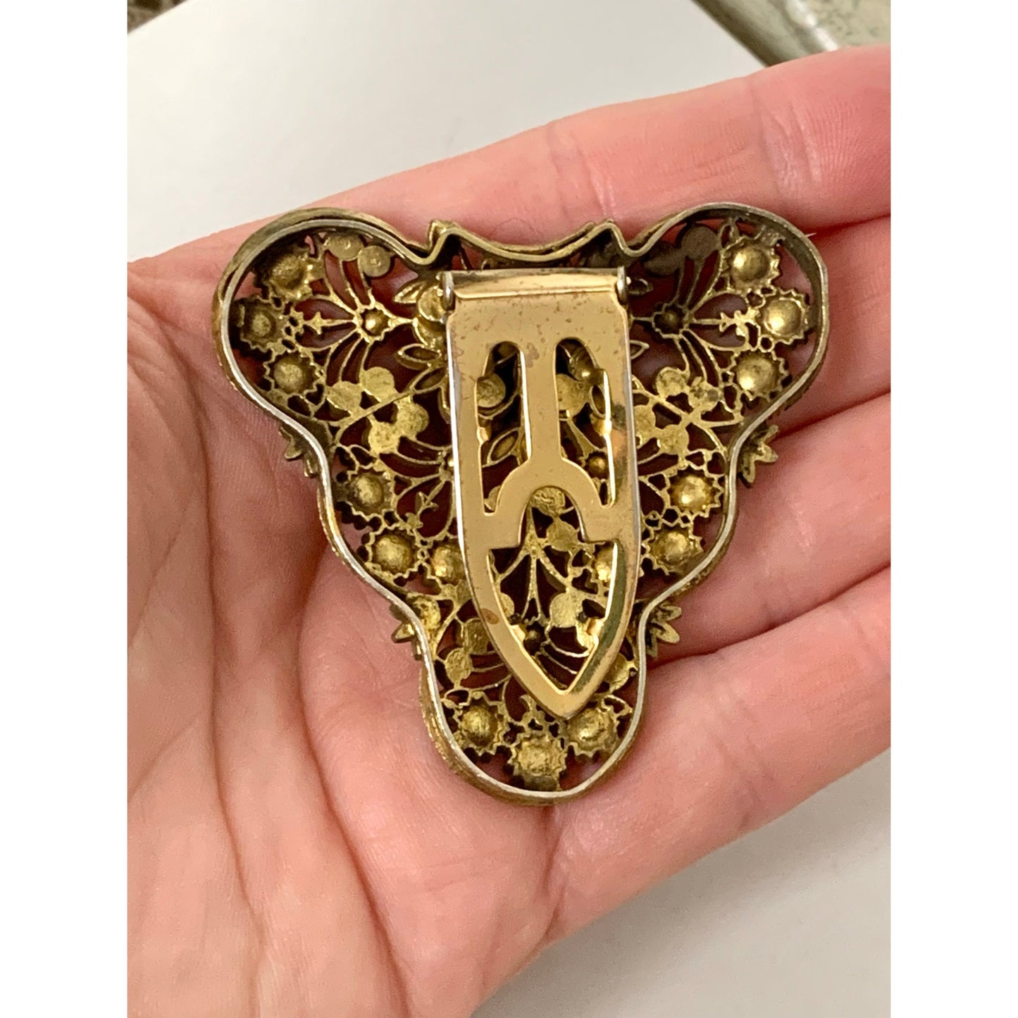 Antique 1920s Goldtone Filigree Dress Clip Marcasite Floral Art Deco Jewelry Scarf Clip