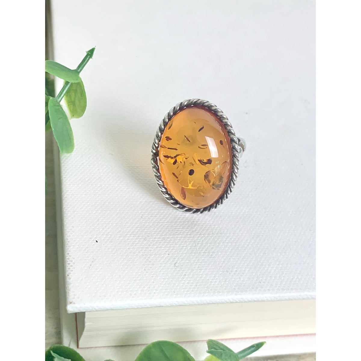 Vintage Sterling Silver Amber Ring Adjustable Oval Statement Jewelry Boho Southwestern