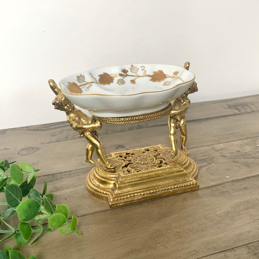 Vintage Gilded Ormolu Cherub Soap Dish Pedestal Catchall Bowl Hollywood Regency