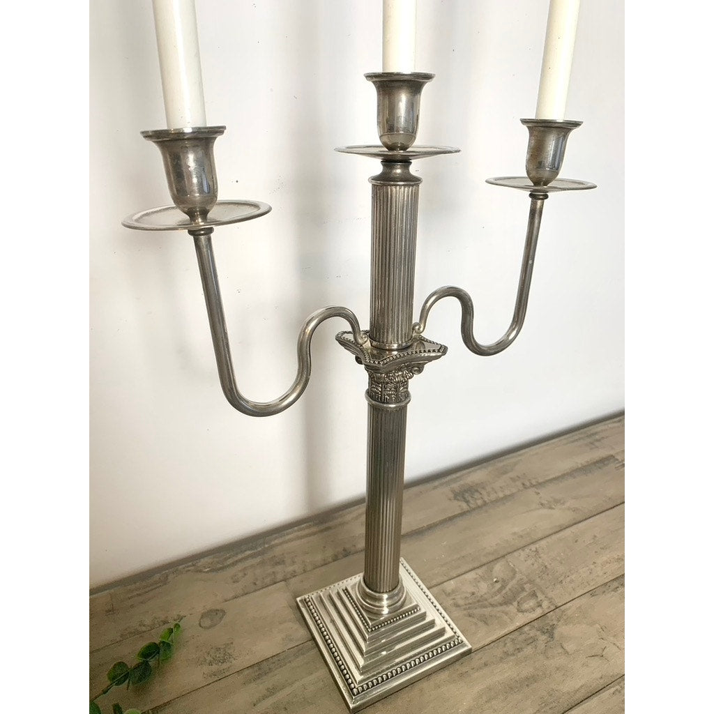 Vintage Godinger Silverplate Three-Arm Candelabra Neoclassical Fluted Column Elegant 19"
