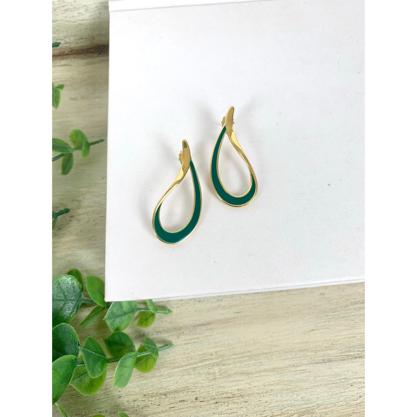 Vintage Green Enamel Goldtone Teardrop Post Back Earrings Retro Statement 80s