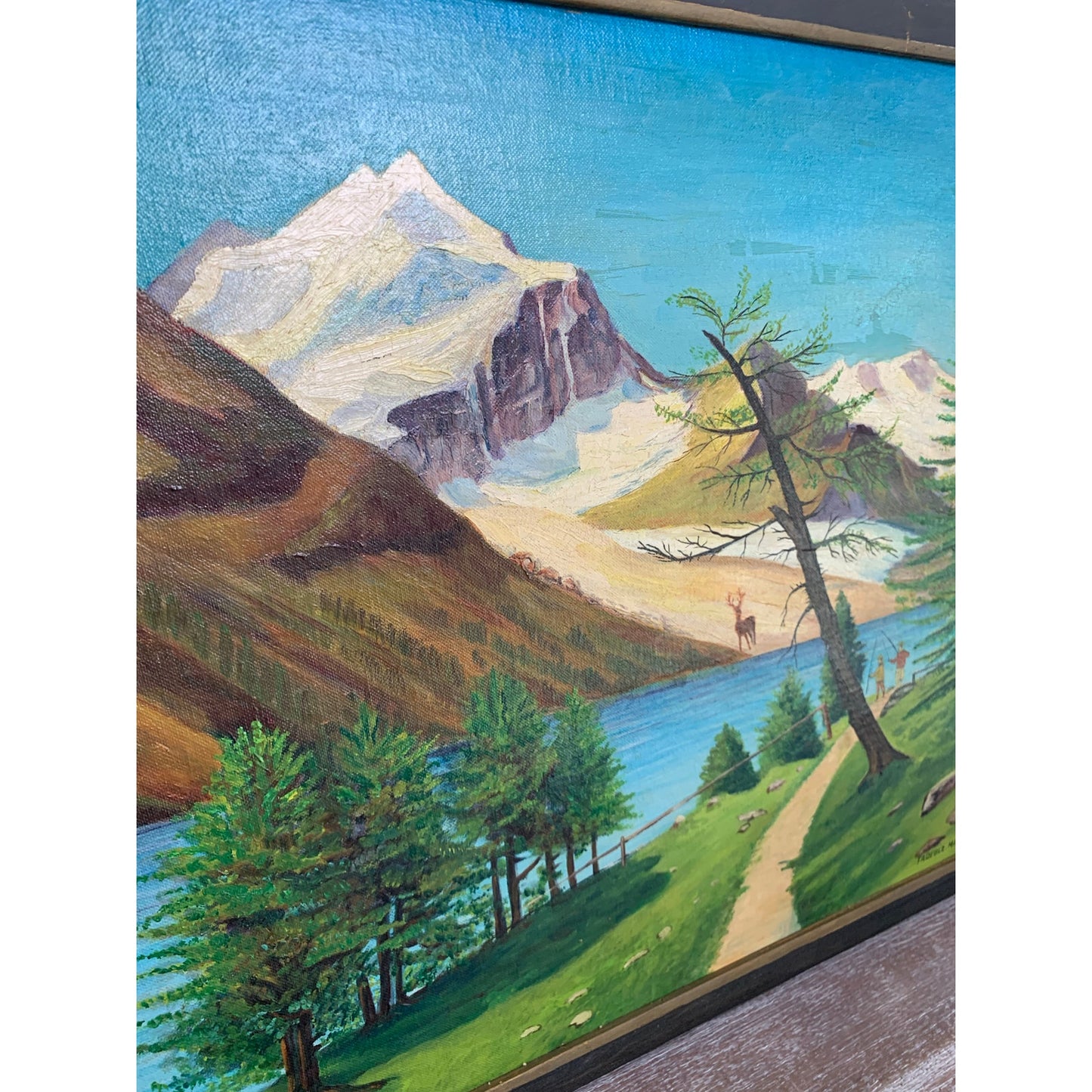 Vintage Alpine Landscape Oil Painting Signed Framed Mountain Lake Nature Cottage