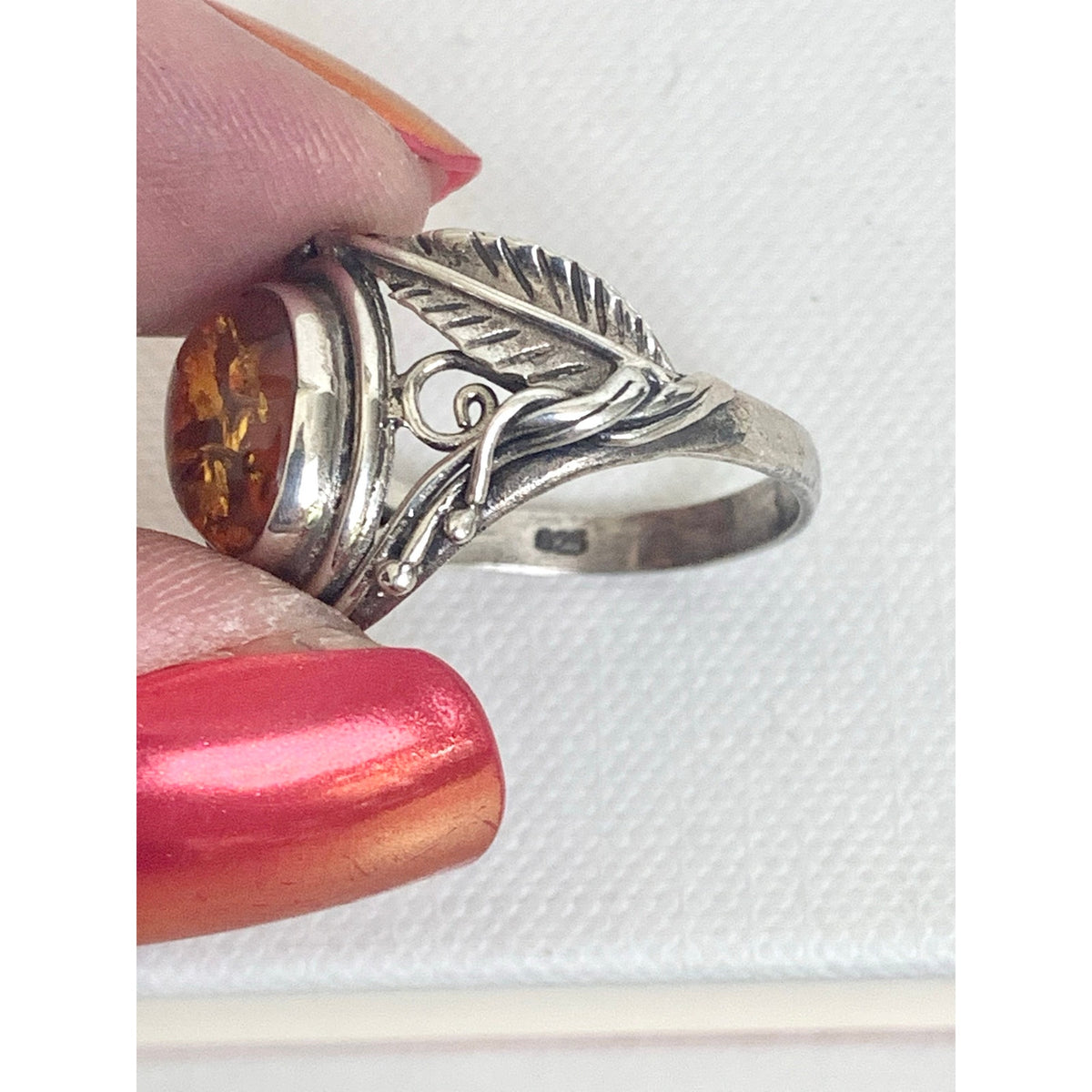 Vintage Sterling Silver Amber Ring Botanical Leaf Filigree Jewelry Boho Southwestern