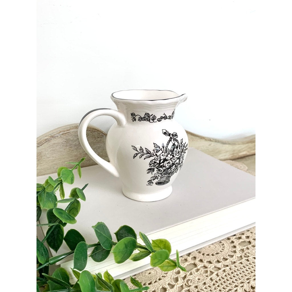 Vintage Black Transferware Creamer Vase New England Toile Farmhouse Cottage Whimsigoth