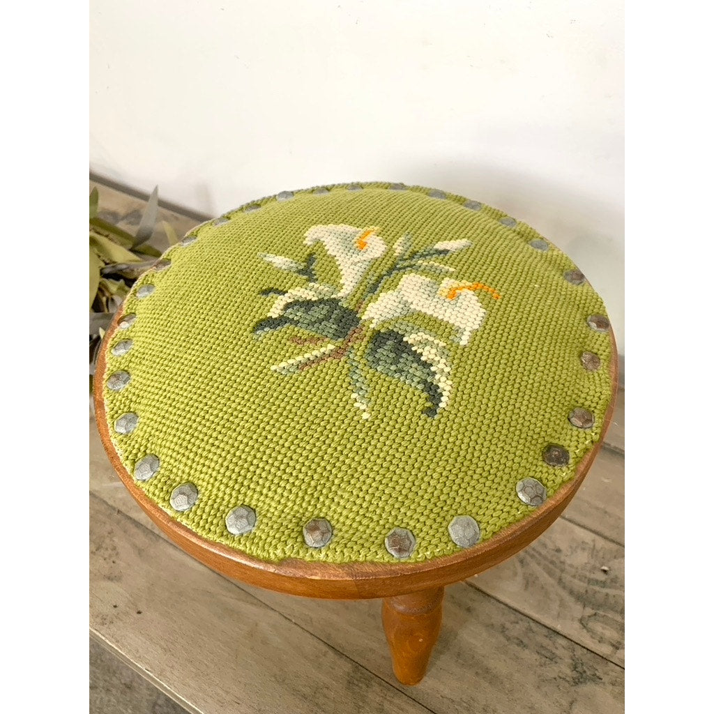 Vintage Floral Needlepoint Wood Footstool Green Wool Top Nailhead Trim Cottage