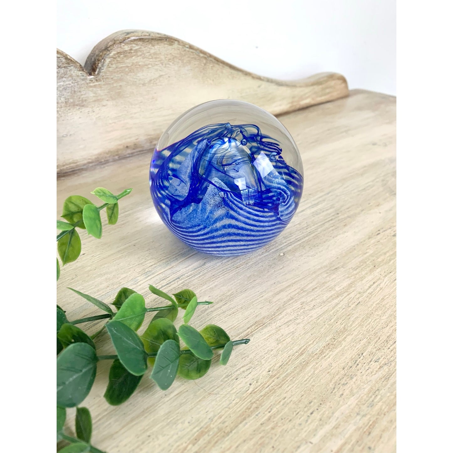 Vintage Caithness Blue Swirl Glass Paperweight Signed Scottish Art Glass Mid Century Style