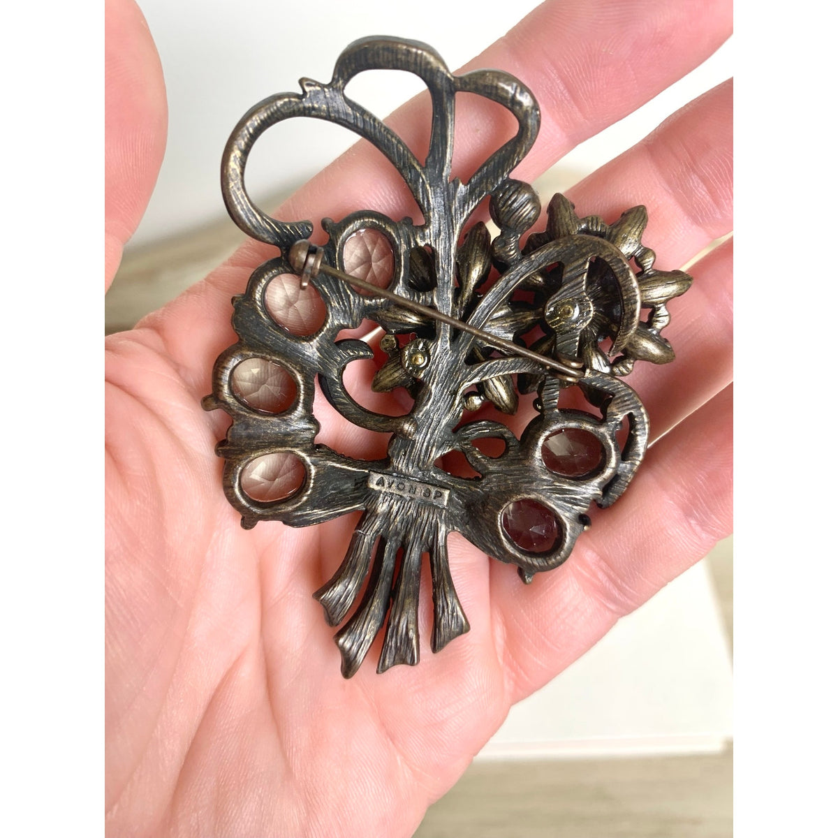 Vintage Avon Smoky Gray Topaz Glass Rhinestone Floral Bouquet Brooch Statement Pin
