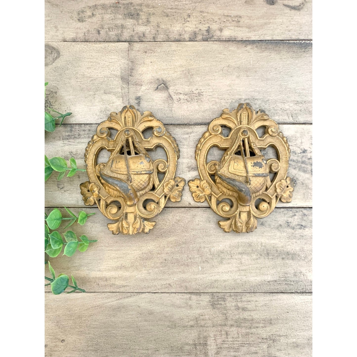 Antique French Revival Furniture Mounts Ornate Architectural Crest Pair Wall Decals
