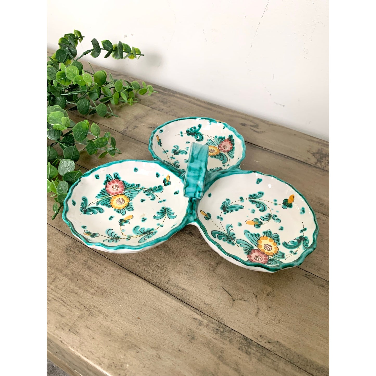 Vintage Hand Painted Italian Pottery Ceramic Serving Dish w Handle Signed Italy