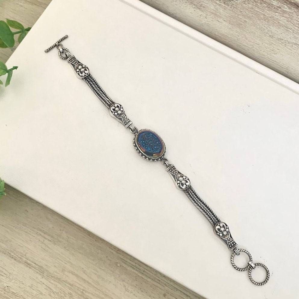 Vintage Sterling Silver Druzy Quartz Bracelet Blue Iridescent 925 Jewelry