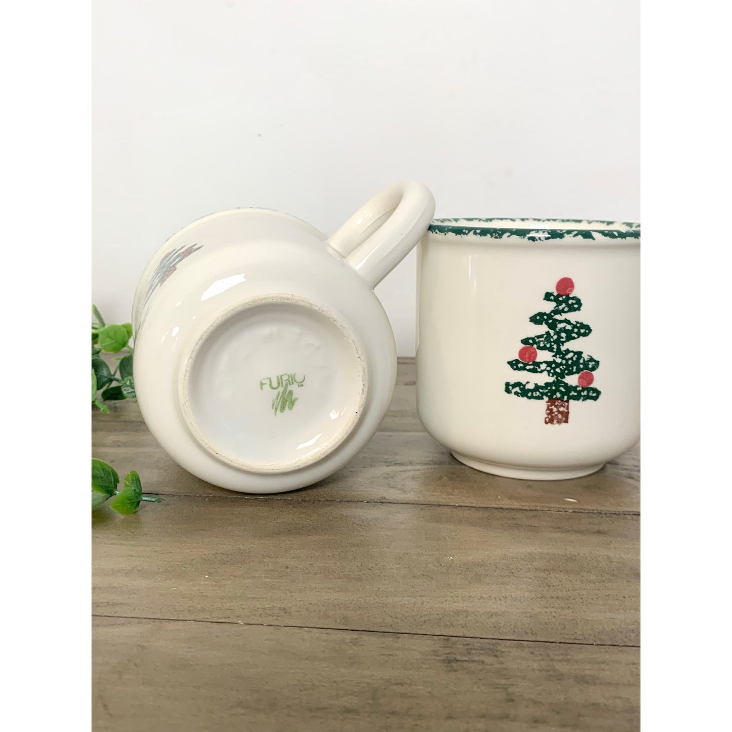 Vintage Furio Italy Christmas Tree Mugs Pair Ceramic Holiday Collectible Cups