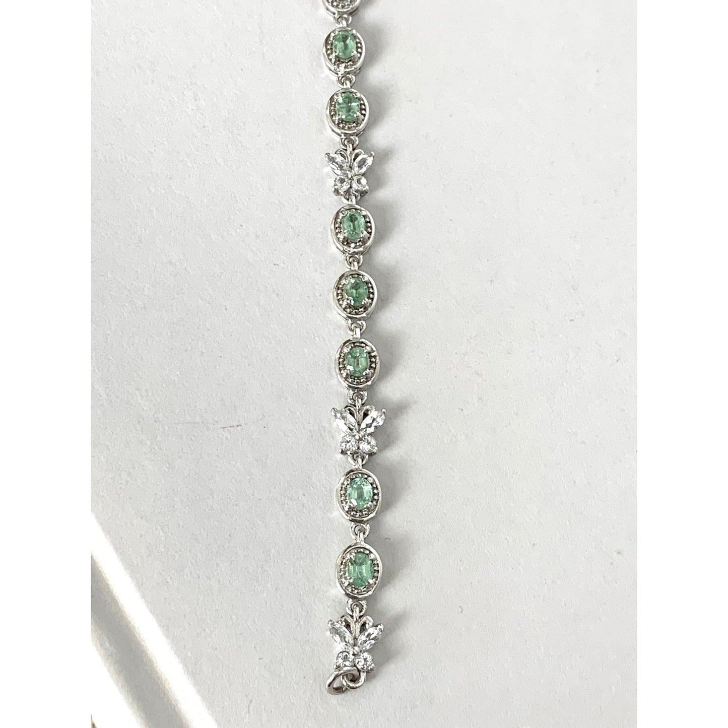 Vintage Sterling Silver Tennis Bracelet Green Stones Butterfly Links 925 Size 7