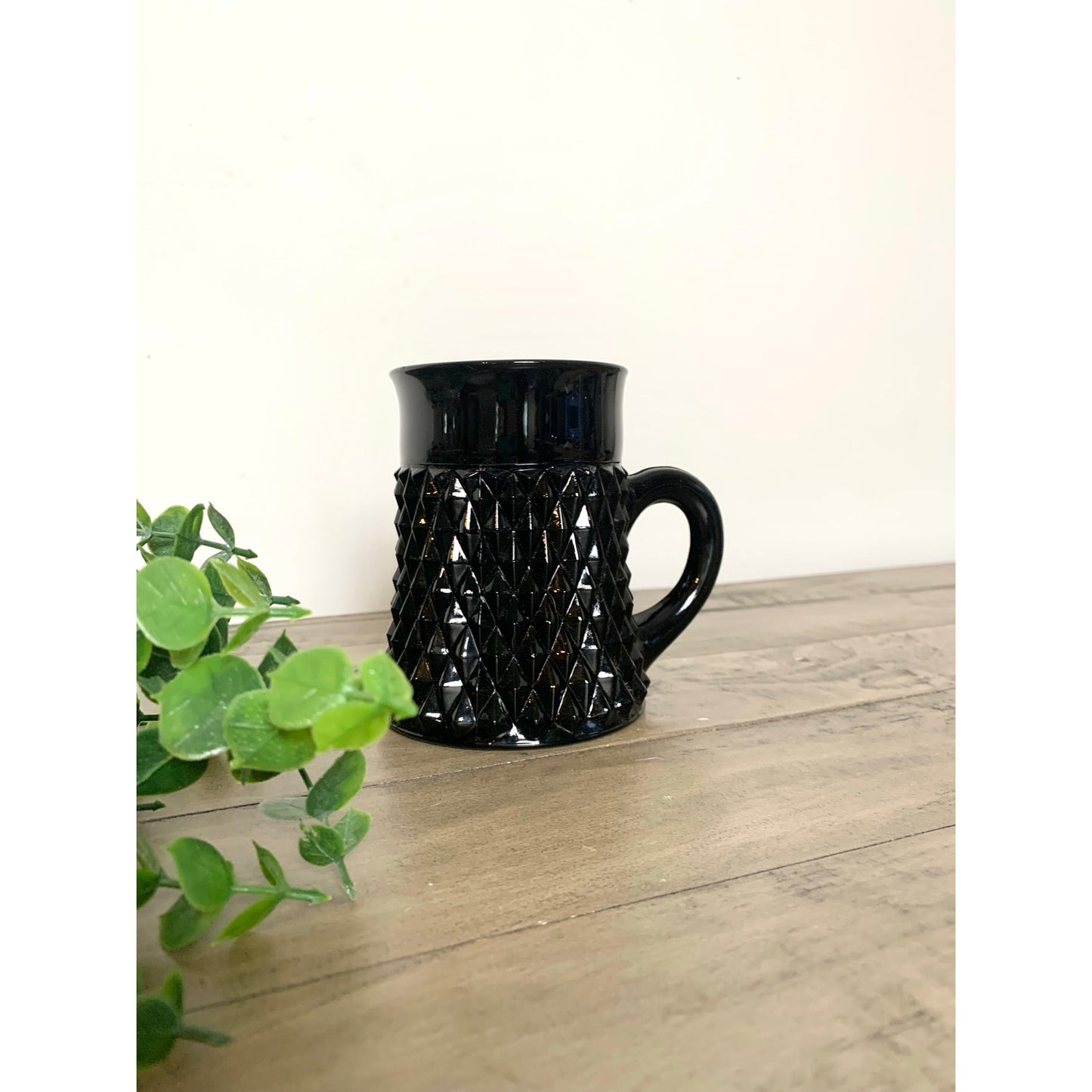 Vintage Indiana Glass Tiara Black Glass Mug with Diamond Point Mid Century Modern Coffee Cup Retro