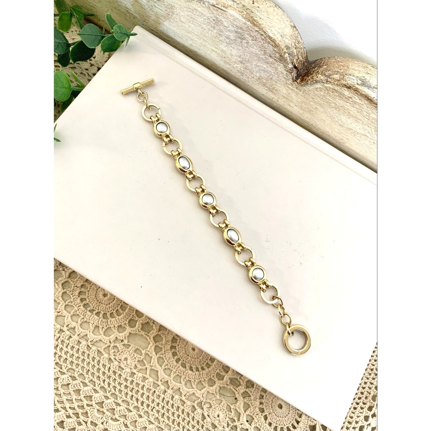 Vintage Liz Claiborne Bracelet Goldtone Silver Cabochon Toggle Bracelet Signed