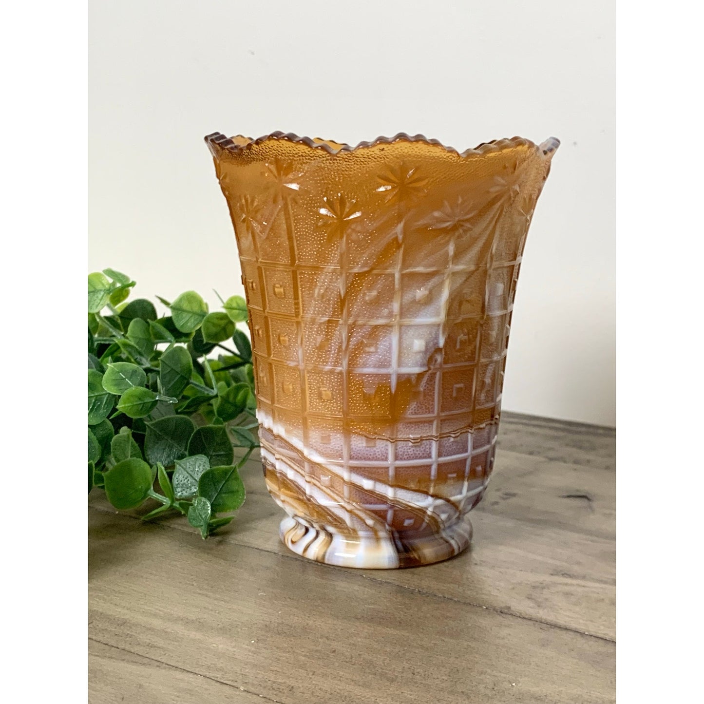 Vintage Imperial Glass Amber Slag Glass Vase Marbled Swirl Mid Century Scalloped