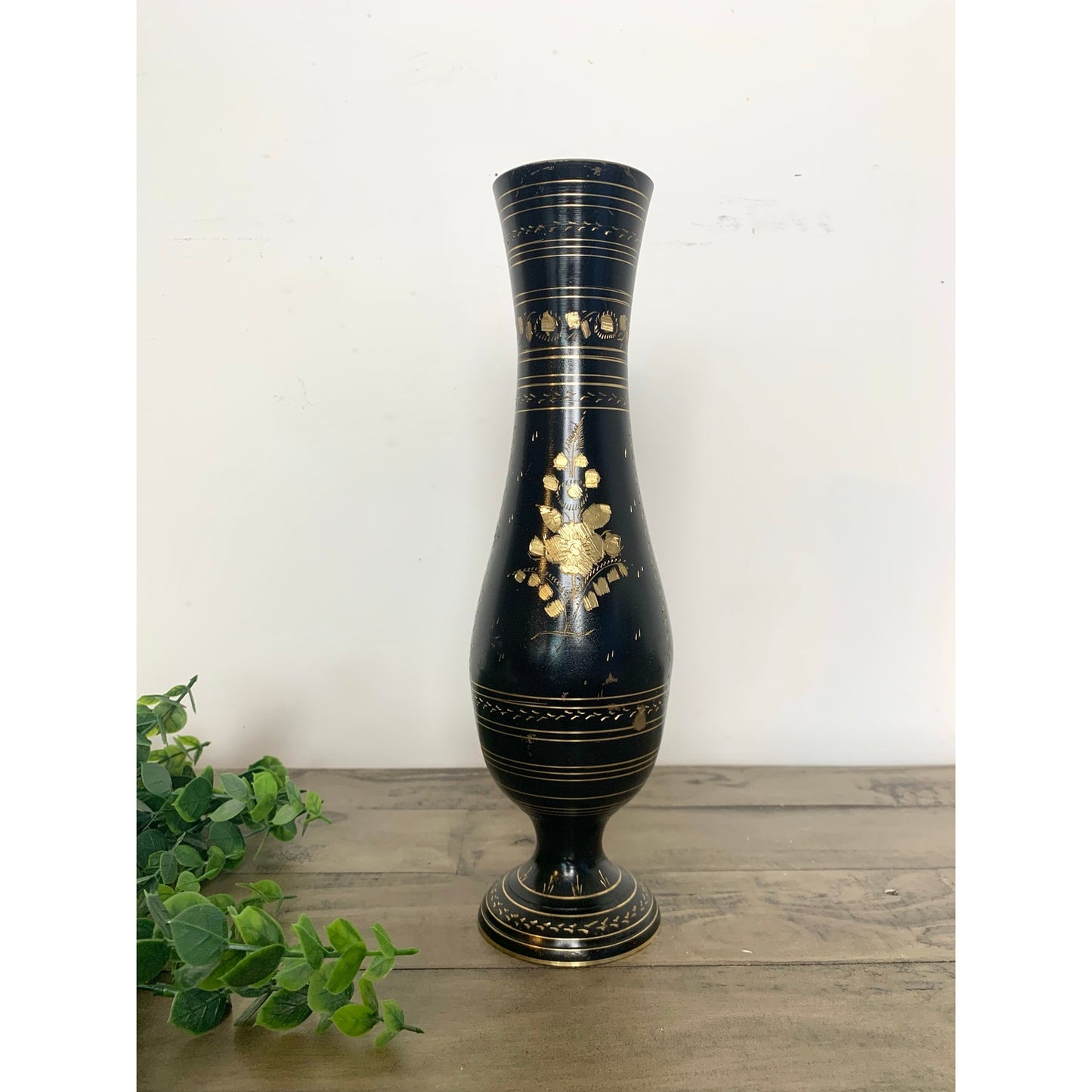 Vintage Black and Gold Etched Brass Metal Floral Pedestal Vase Boho Glam Moody