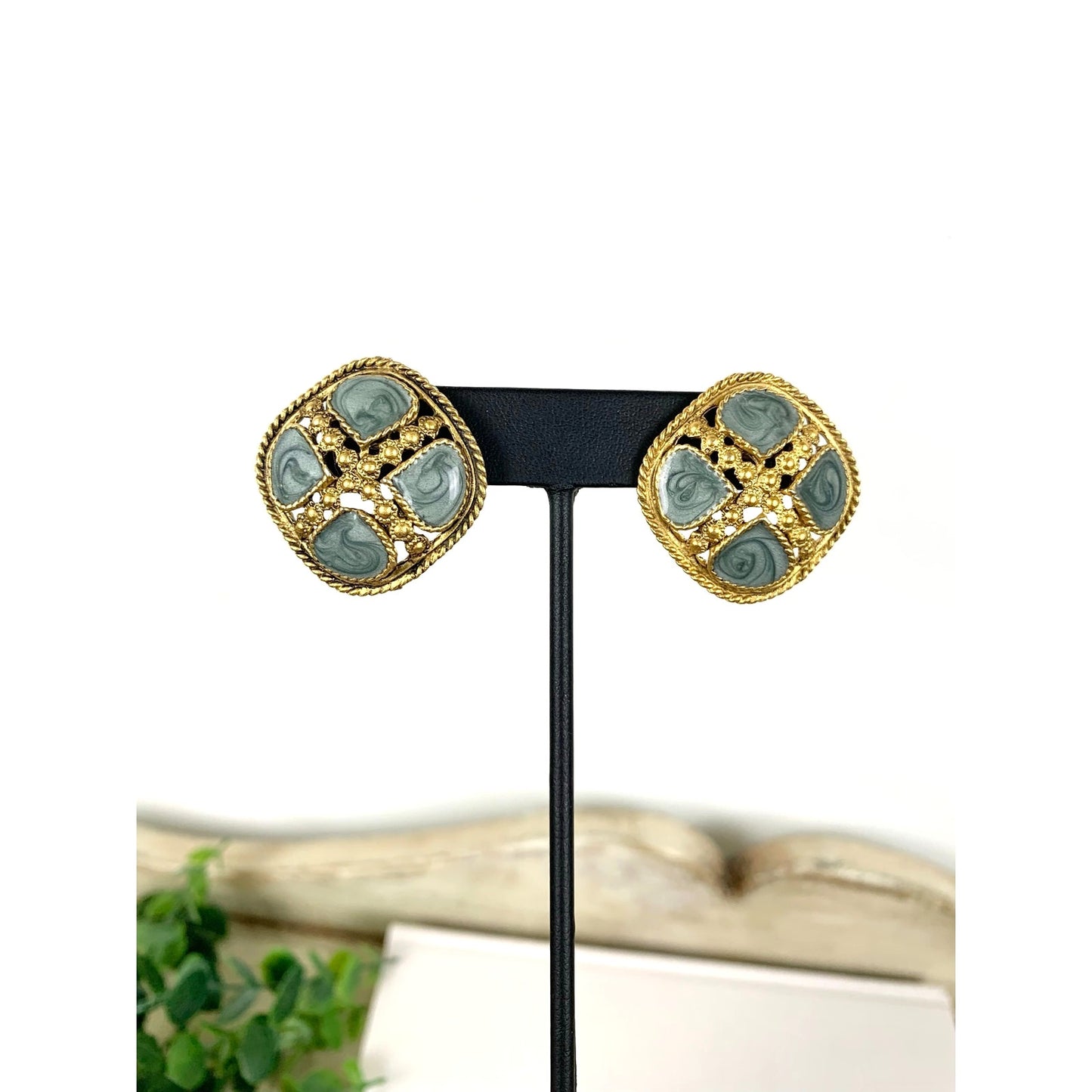 Vintage Goldtone Teal Swirl Enamel Statement Earrings Chunky Retro Post Back 1980s