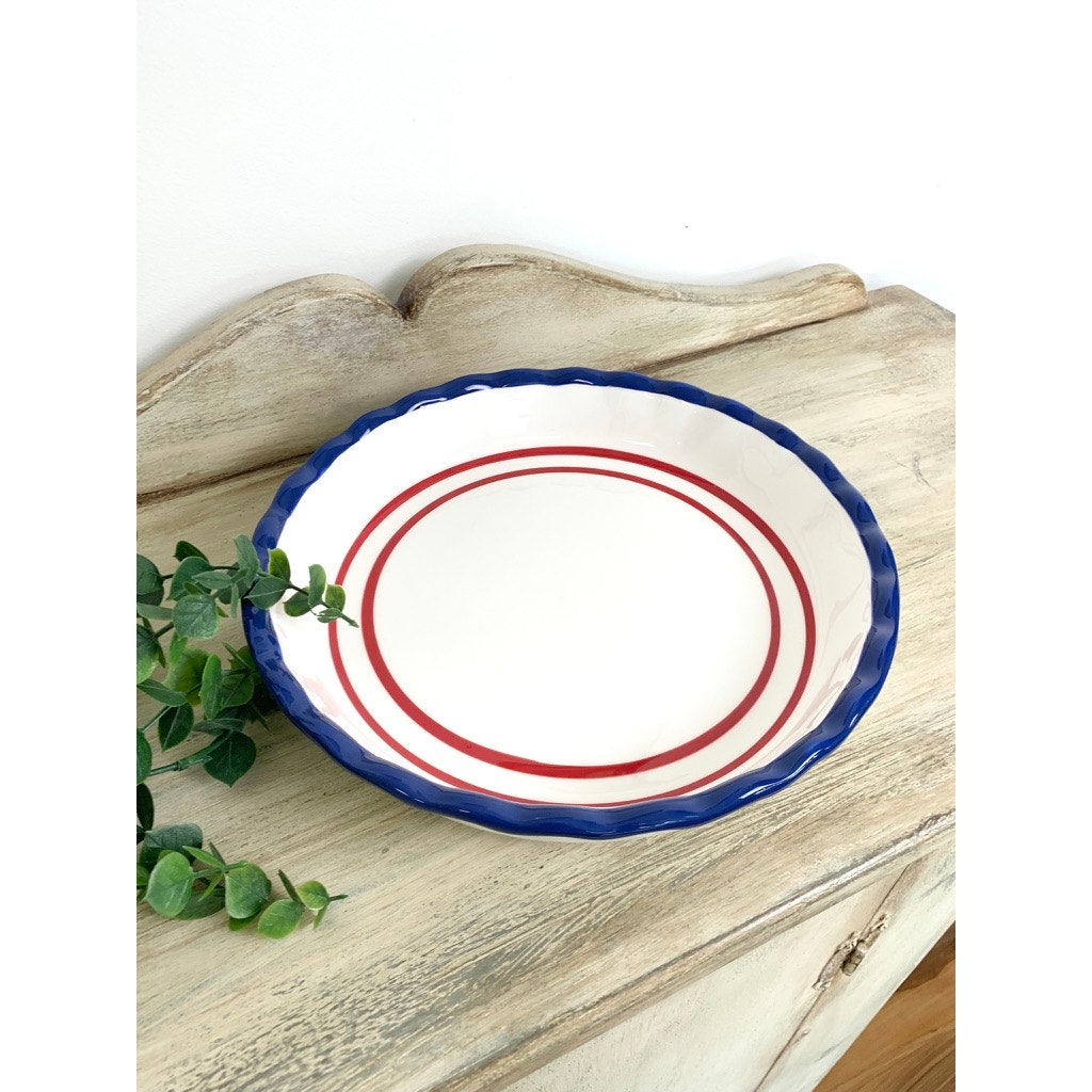Sonoma Nantucket Pie Dish Red White Blue Ceramic Baking Dish Americana Decor