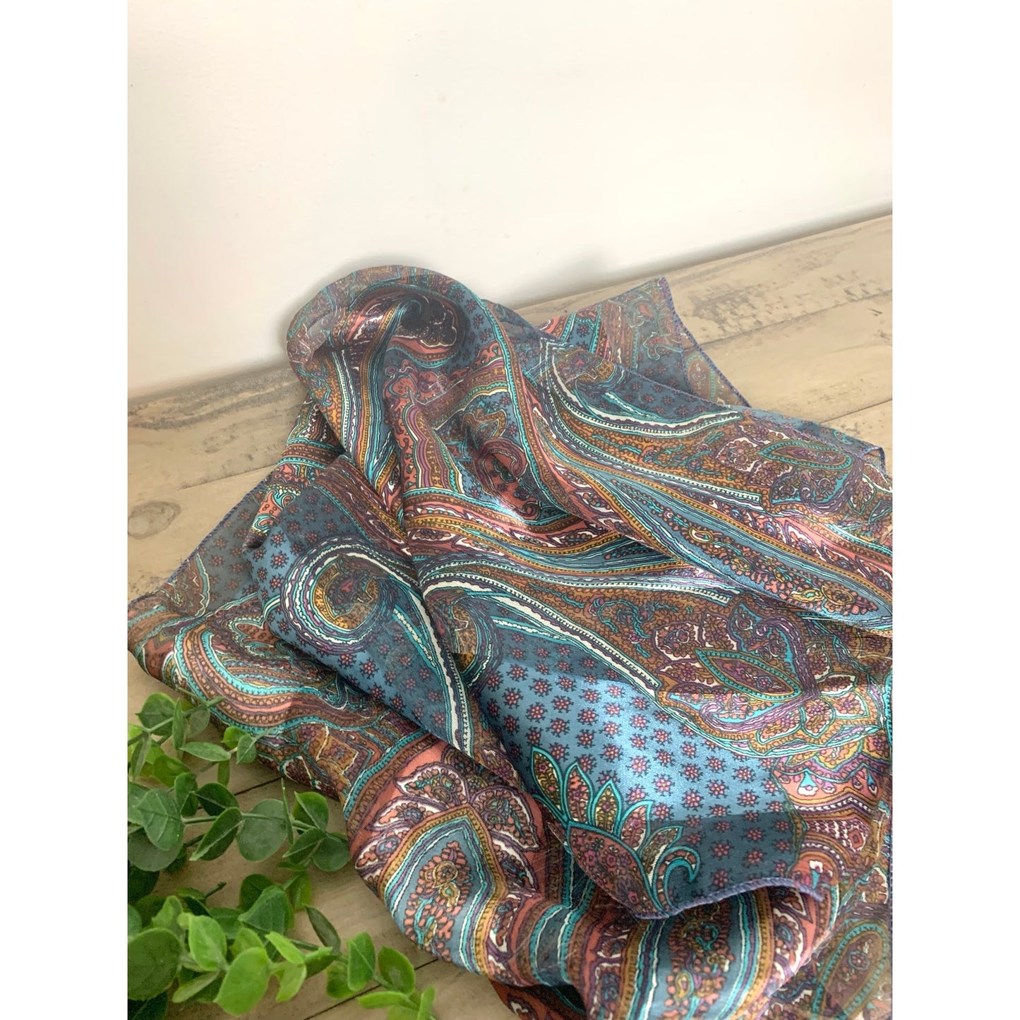 Vintage Sheer Paisley Scarf in Blue Teal and Burgundy Pink Boho Retro Pattern Fall Quiet Luxury