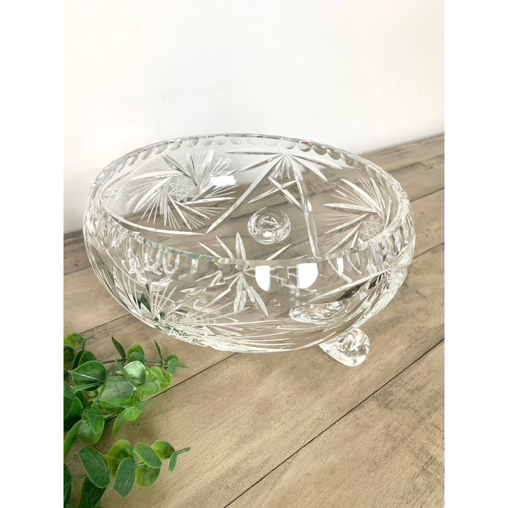 Vintage Cut Crystal Footed Bowl Starburst Centerpiece Vase Fruit Bowl on Three Feet Elegant Serving