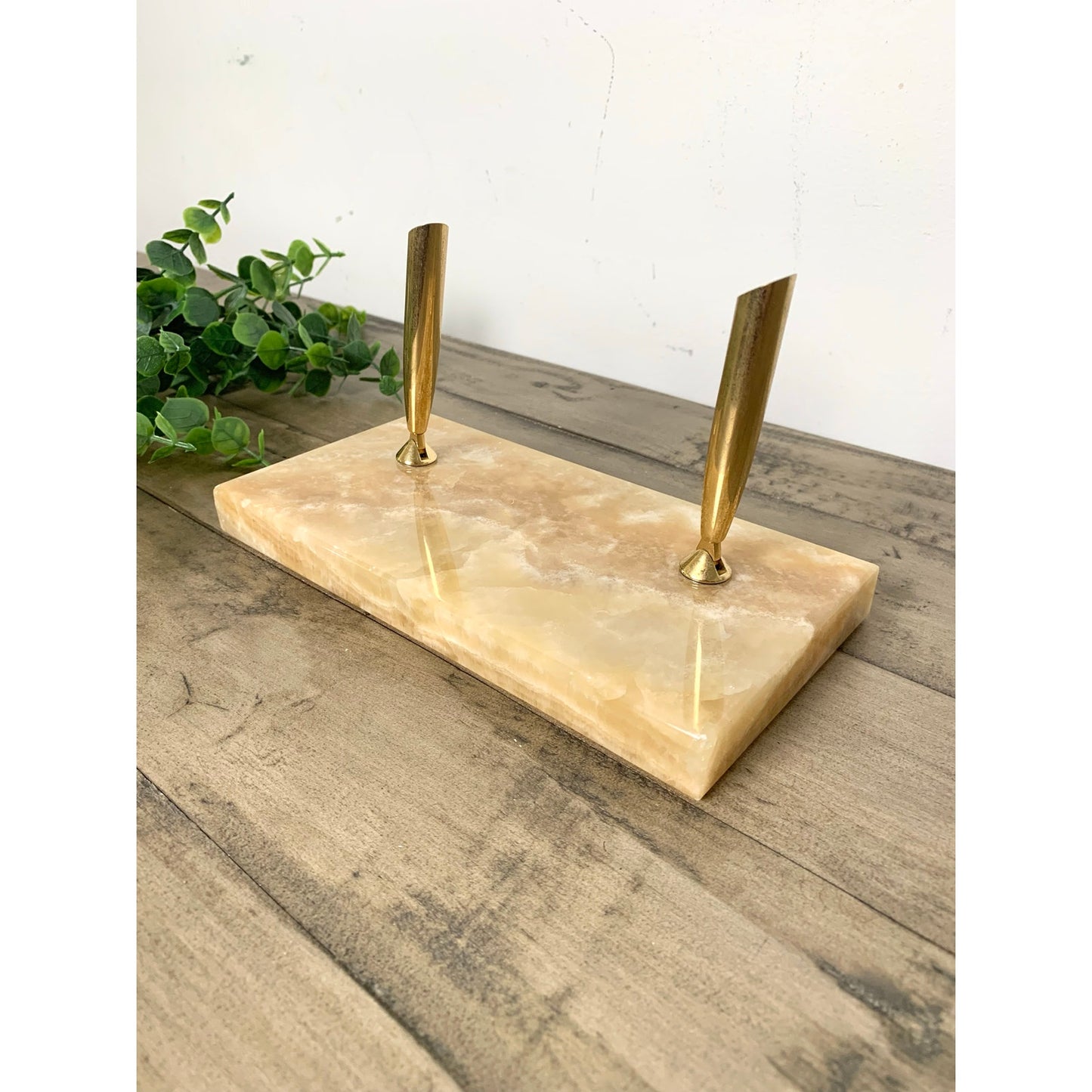 Vintage Onyx Stone Double Brass Pen Holder Desk Stand Office Old Money Academia