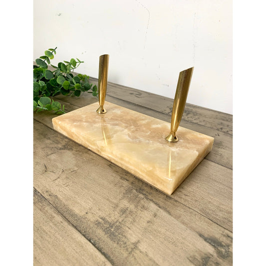 Vintage Onyx Stone Double Brass Pen Holder Desk Stand Office Old Money Academia