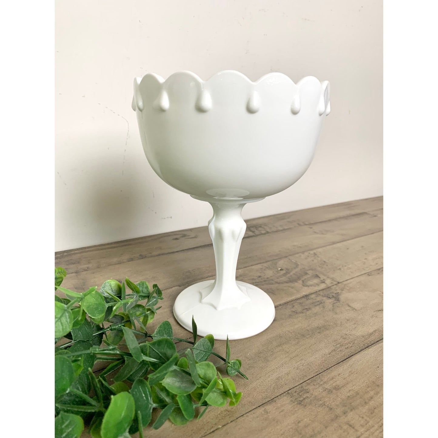 Vintage White Indiana Milk Glass Pedestal Compote Candy Dish Bowl Scalloped Rim
