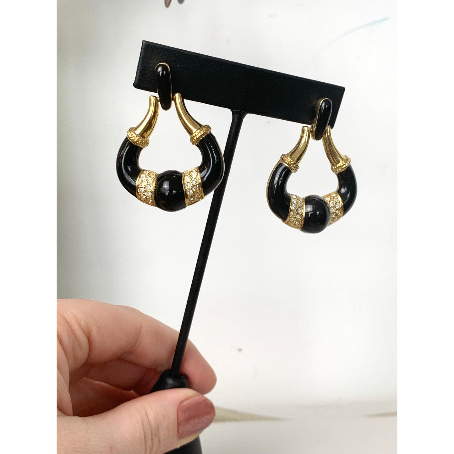 Vintage Black Enamel Rhinestone Goldtone Doorknocker Earrings Pierced Statement Glam