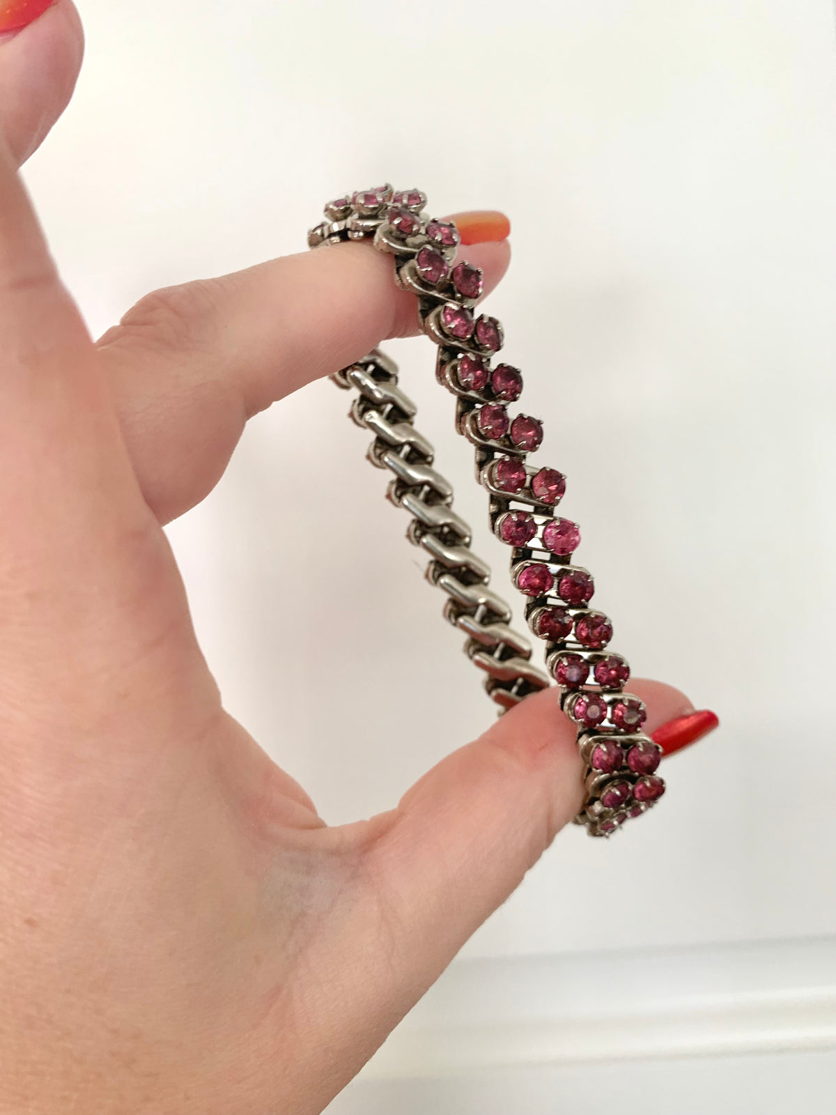 Vintage Pink Rhinestone Bracelet on Silvertone, Stretch, Japan