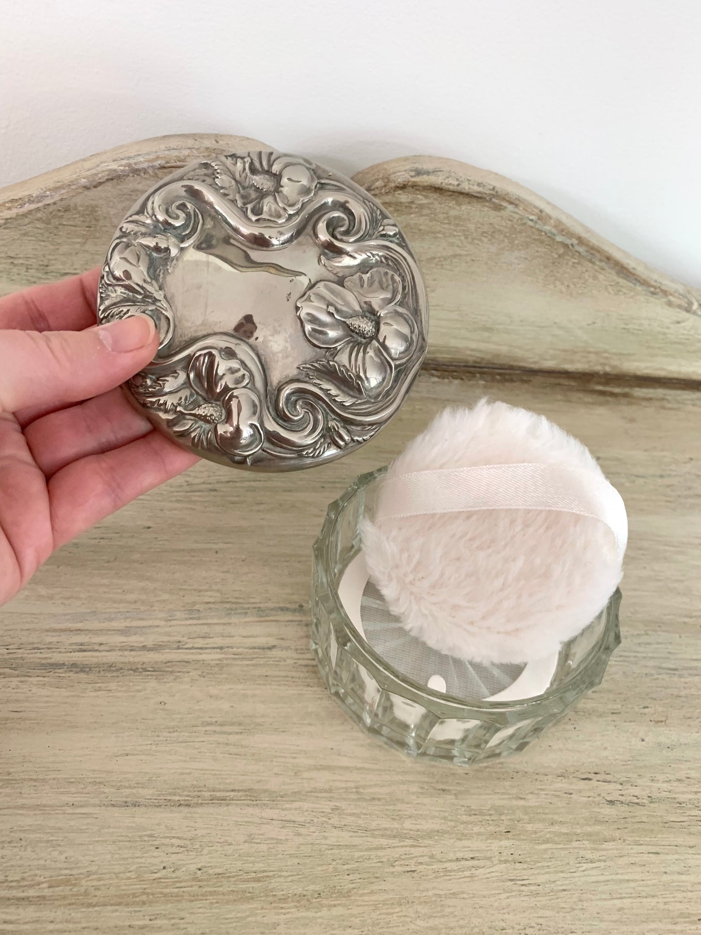 Antique Art Nouveau Vanity Jar with Silverplated Lid, mirror underside