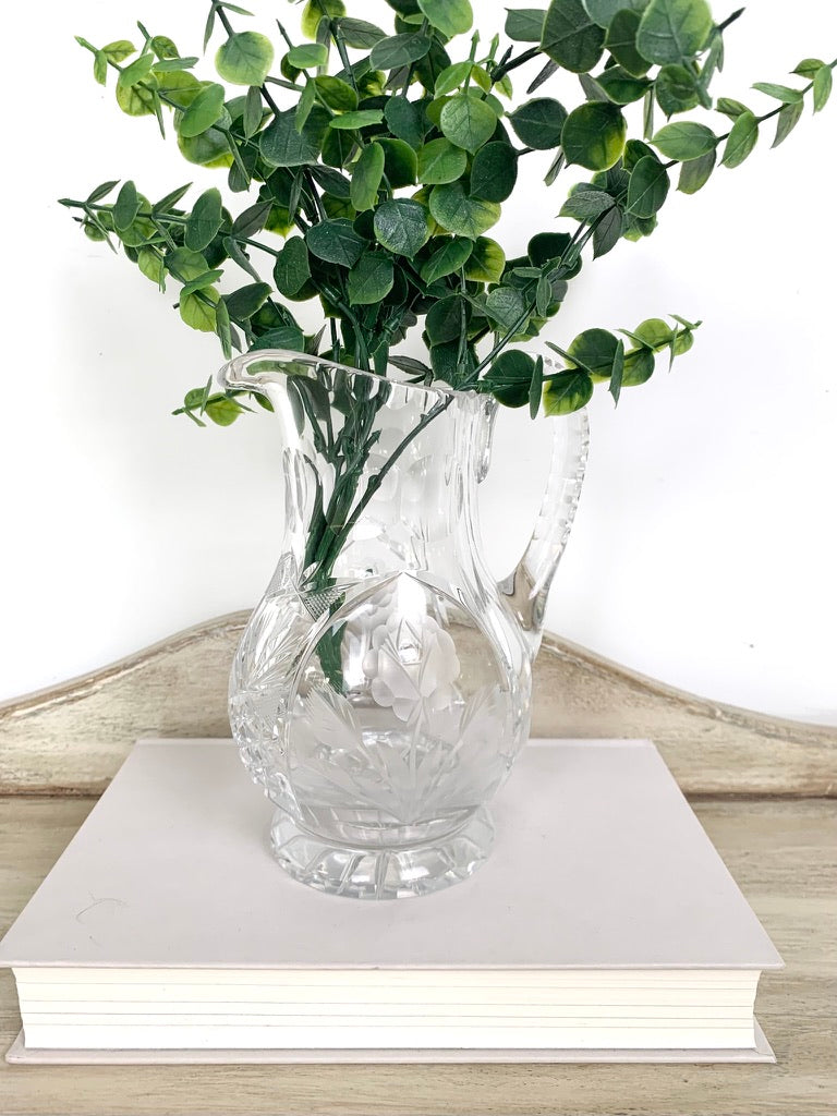 Vintage Cut Crystal Pitcher Vase - Etched Flower